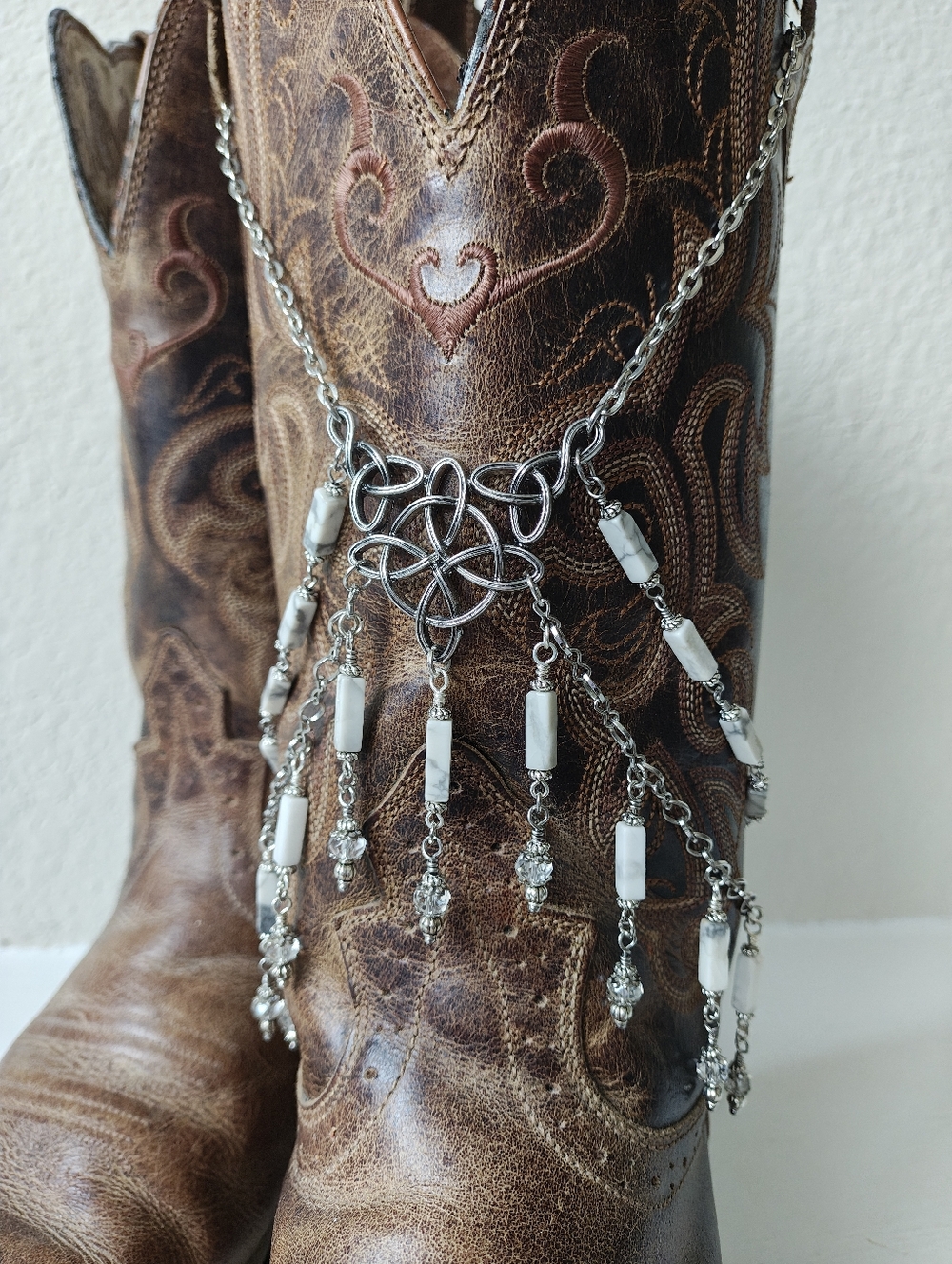 OOAK Handmade Silver White Marble Crystal Boot Jewelry Boot Bracelet Boot Chain